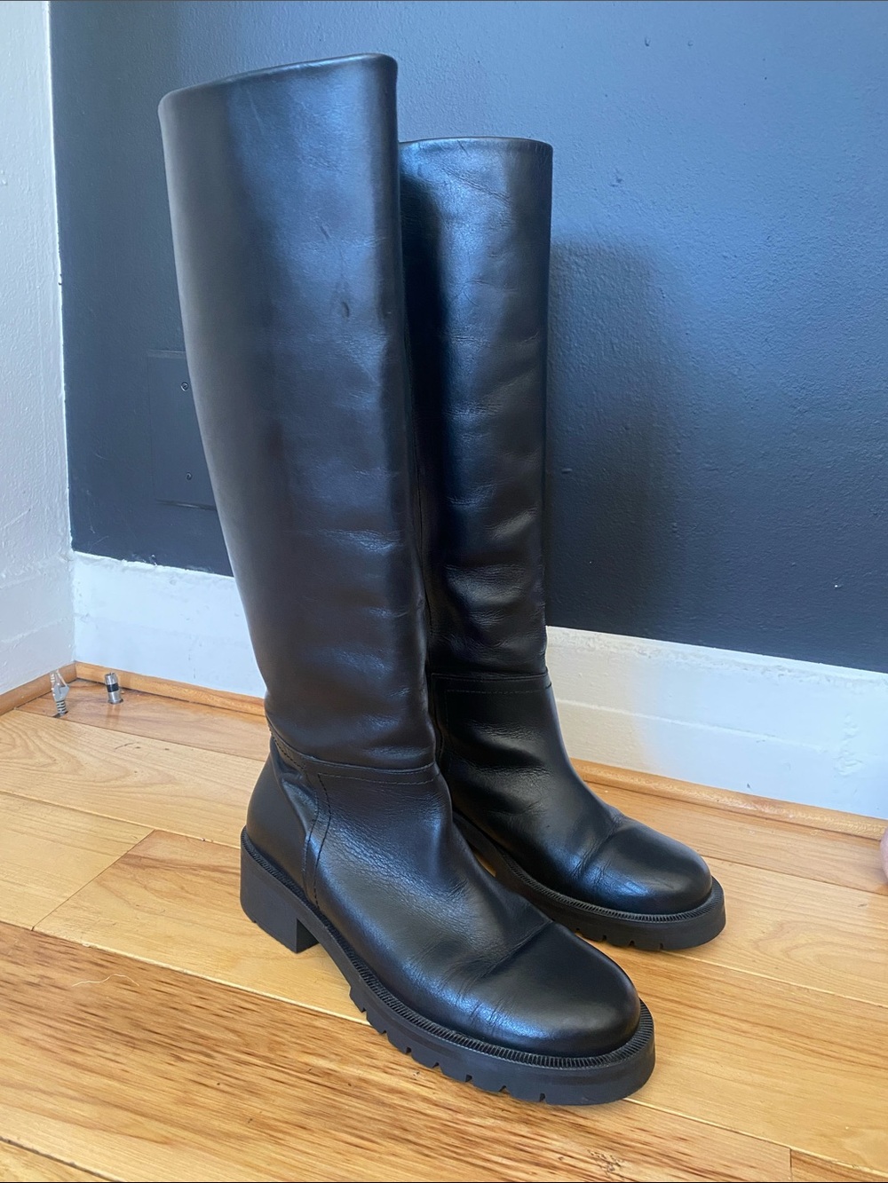 Zara Black Knee-High Chunky Sole Leather Riding Boots